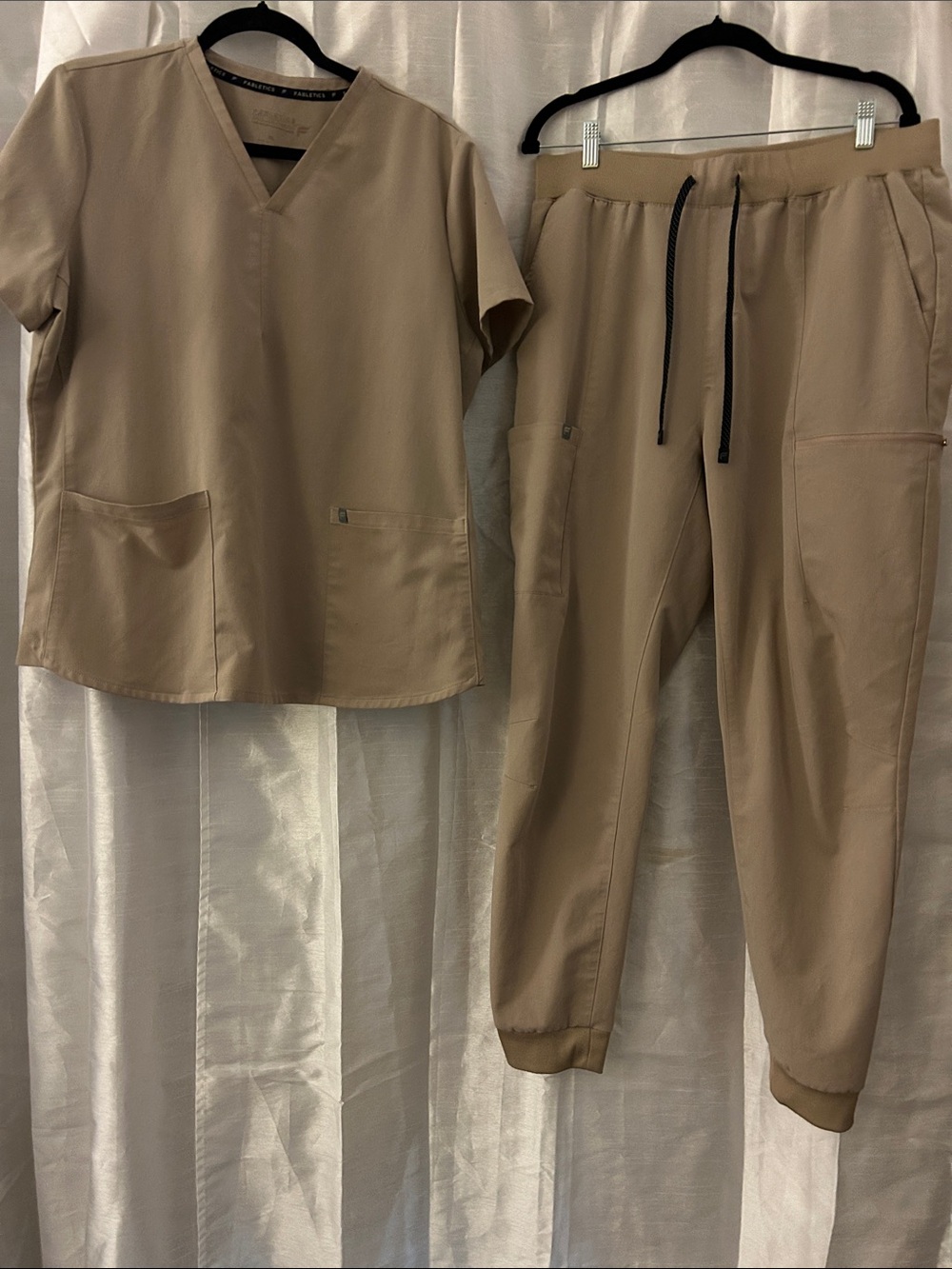 Fabletics Scrubs Women's Jogger Pants in Khaki Beige with Black Drawstring